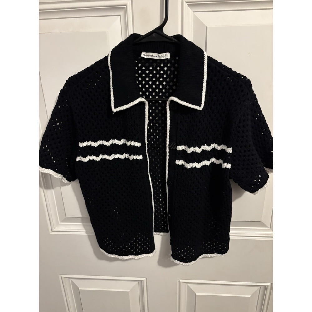 ABERCROMBIE & FITCH Women Crochet Short Sleeve Polo With Tipping Black‎ White XS